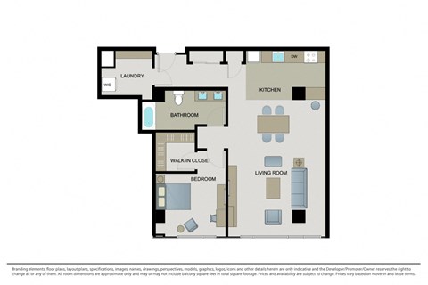 Floor plan for 1 bed, 1 bath, 1160 sqft